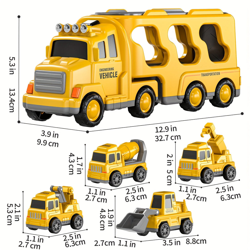 5-in-1 Engineering Vehicle Toy Set for Kids Ages 2+ - Friction Power Construction Trucks Playset with Transport Vehicle, Toddler Boys Gift for Birthday Christmas, Random Accessory Colors