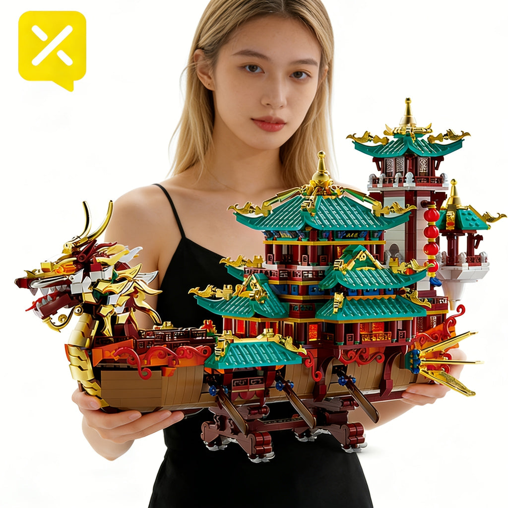 2453pcs Dragon Boat Festival Building Block Set - Large Scale ABS Brick Model Kit, Intermediate Assembly Level | Unique Cultural Display Piece & Gift for Christmas Thanksgiving Halloween New Year