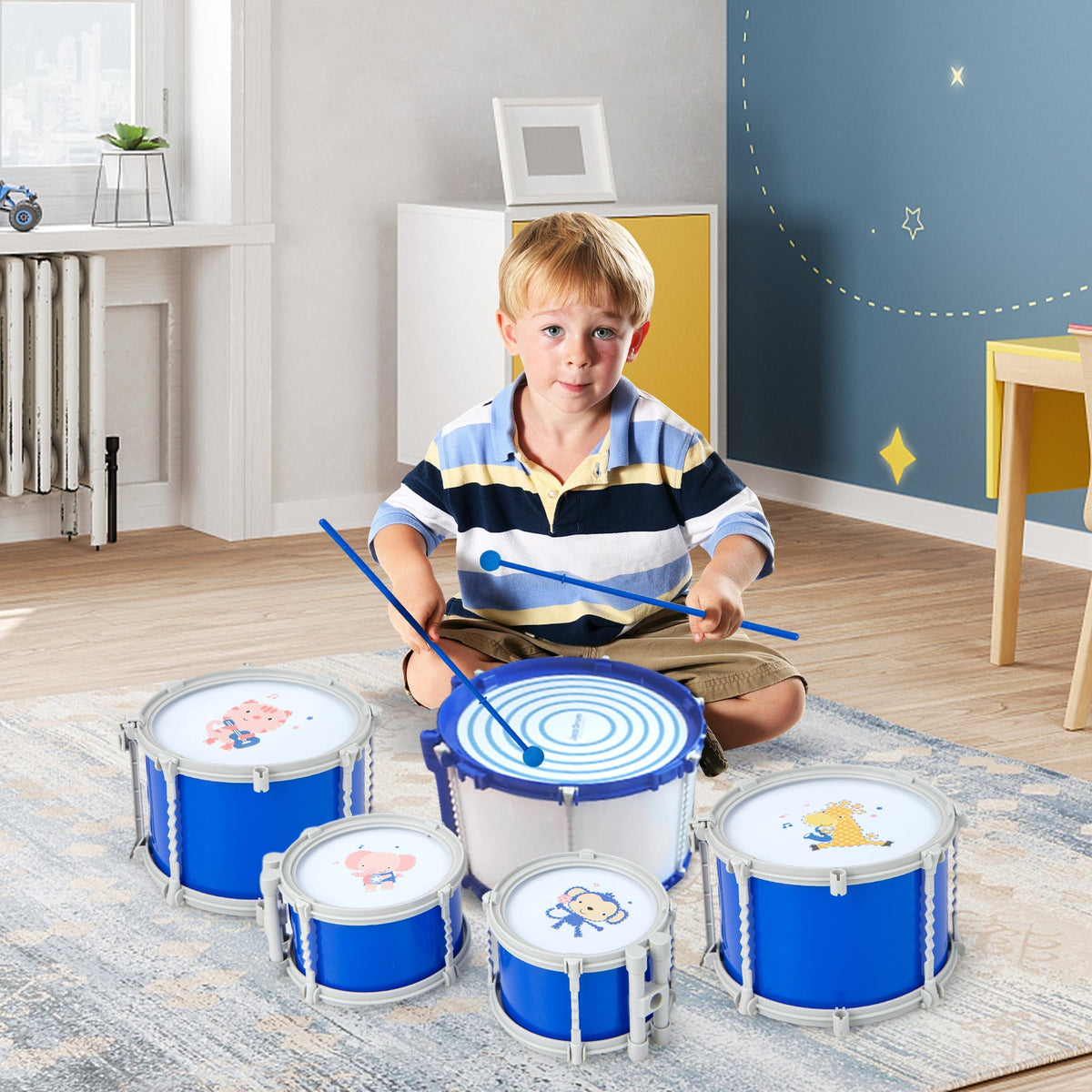 Kids Drum Set for Toddlers & Children - Complete Jazz Kit with Bass Drum, 2 Mid Drums, 2 Snare Drums, Cymbal, Spring Foot Pedal, Drumsticks, Music Stand & Stool | Beginner Percussion Gift for Boys & Girls