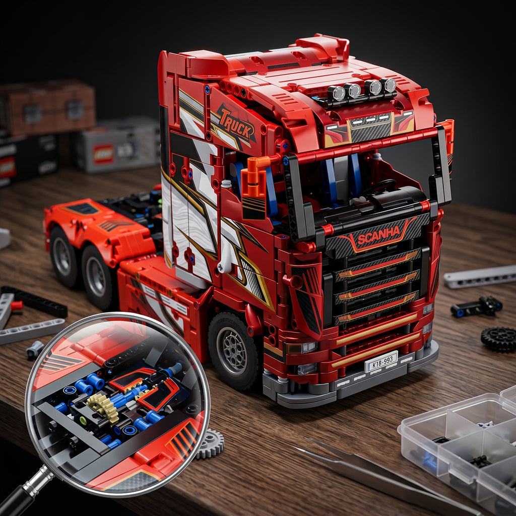 1788pcs Heavy Truck Building Block Set - Semi Truck Head Vehicle Assembly Model with Mechanical Detail, Red Cab Brick Construction Kit for Adults & Teens | Holiday Birthday Gift for Truck Enthusiasts