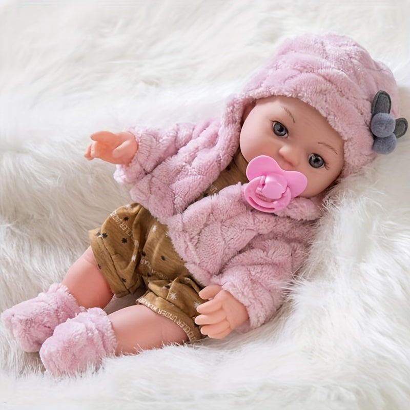 12 Inch Reborn Baby Doll Pink Plush Clothes Soft Body Newborn Doll with Hat Socks Pacifier Realistic Lifelike Baby Toy for Girls Toddlers Birthday Christmas Festival Gift