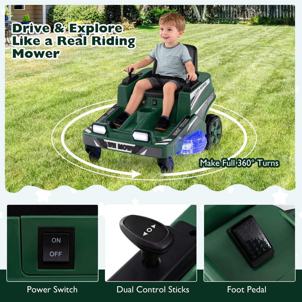 12V Kids Ride-On Lawn Mower Electric Car - Dual Control Sticks, LED Lights, 360° Twist & Turn, Spinning Blades, Anti-Tip Wheels | Outdoor Toy for Boys & Girls Ages 3+ | Max 77lbs | 1.7MPH | Green