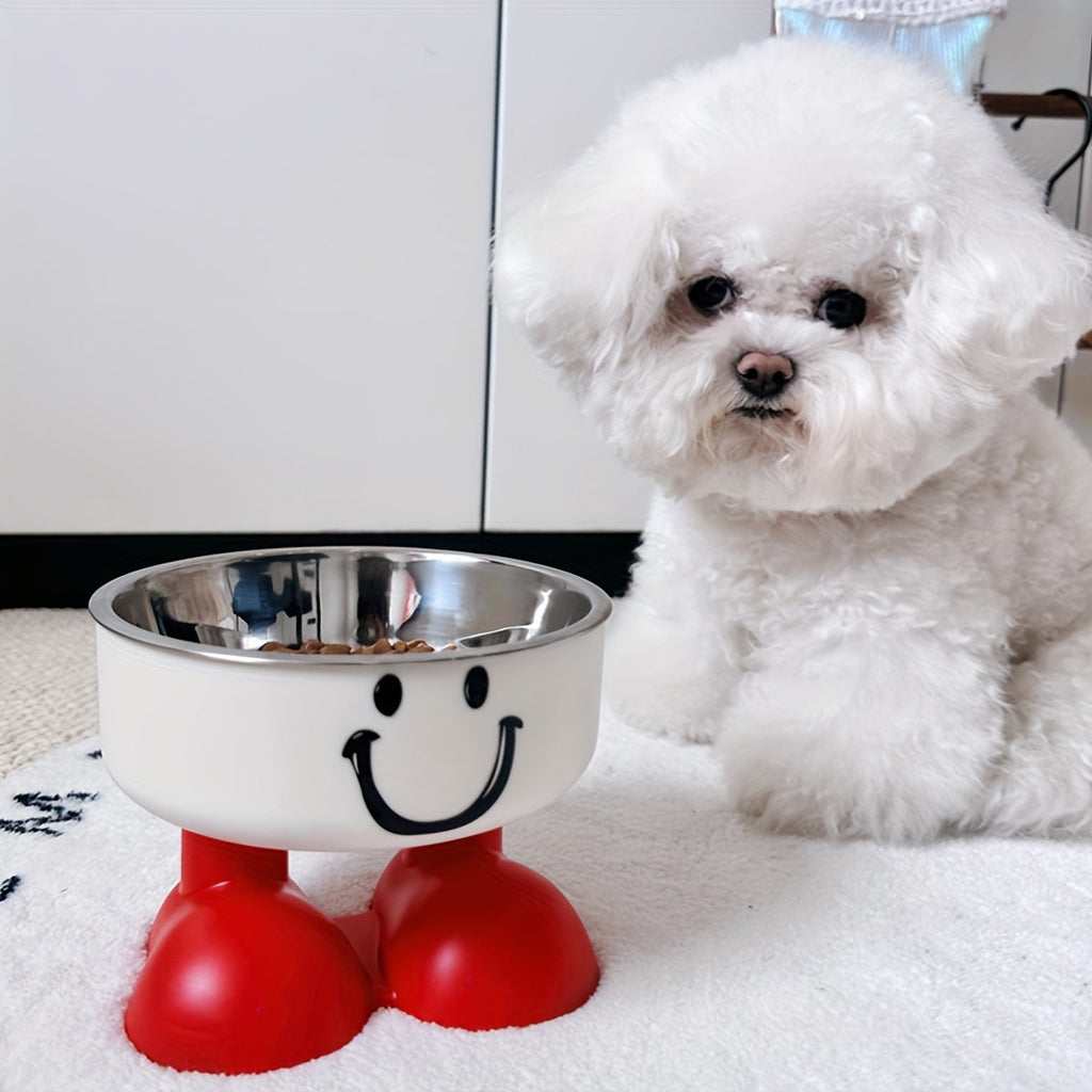 Elevated Stainless Steel Cat & Dog Bowl with Cute Face Design – High-Legged Raised Pet Food Bowl, Anti-Tip Cervical Spine Protection, Non-Slip Cat Food Bowl and Dog Bowl for Indoor Pets