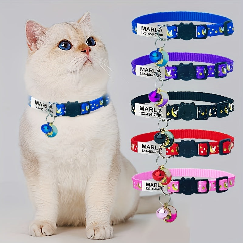 Custom Engraved Glow-in-the-Dark Cat Collar with Personalized ID Tag - Safety Breakaway Buckle, Bell & Luminous Night Safety Design, Adjustable Breathable PP Collar with Pet Name, Phone & Address Engraving