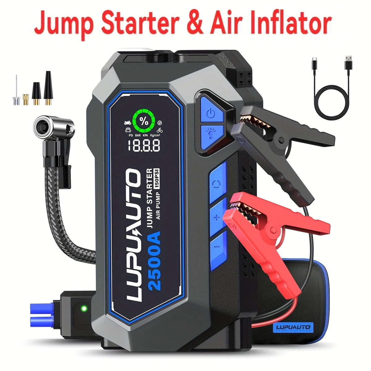 LupuAuto Jump Starter with Air Compressor 2500A Peak 150PSI Portable Tire Inflator – Dual-Cylinder 2X Faster Inflation, USB-C Power Bank, LED Flashlight for Cars SUV Trucks Motorcycles