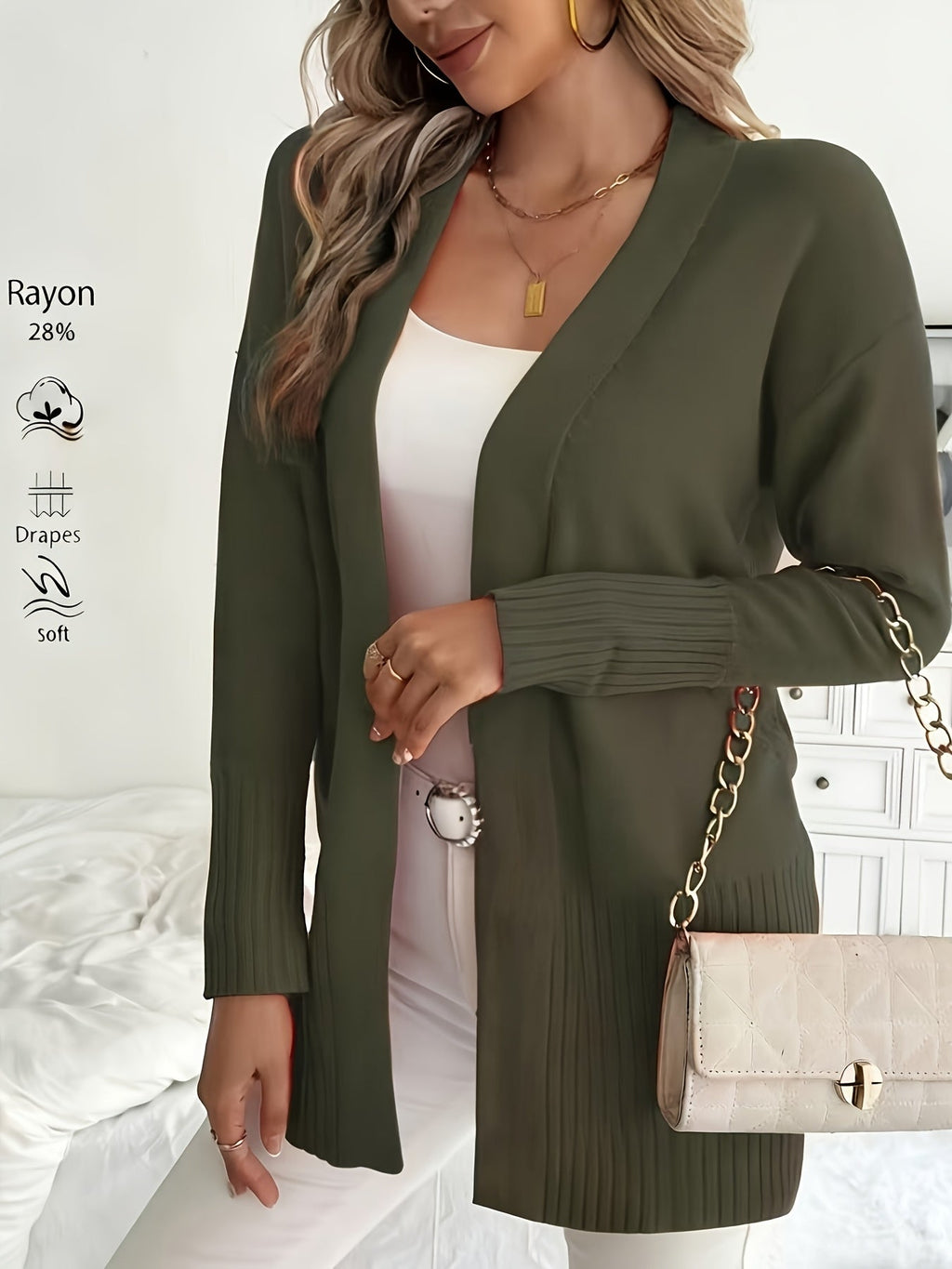 Women's V-Neck Drop Shoulder Long Cardigan Sweater – Loose Fit Soft Knit in 16 Colors for Autumn & Winter, 46% Acrylic 28% Viscose 26% Nylon