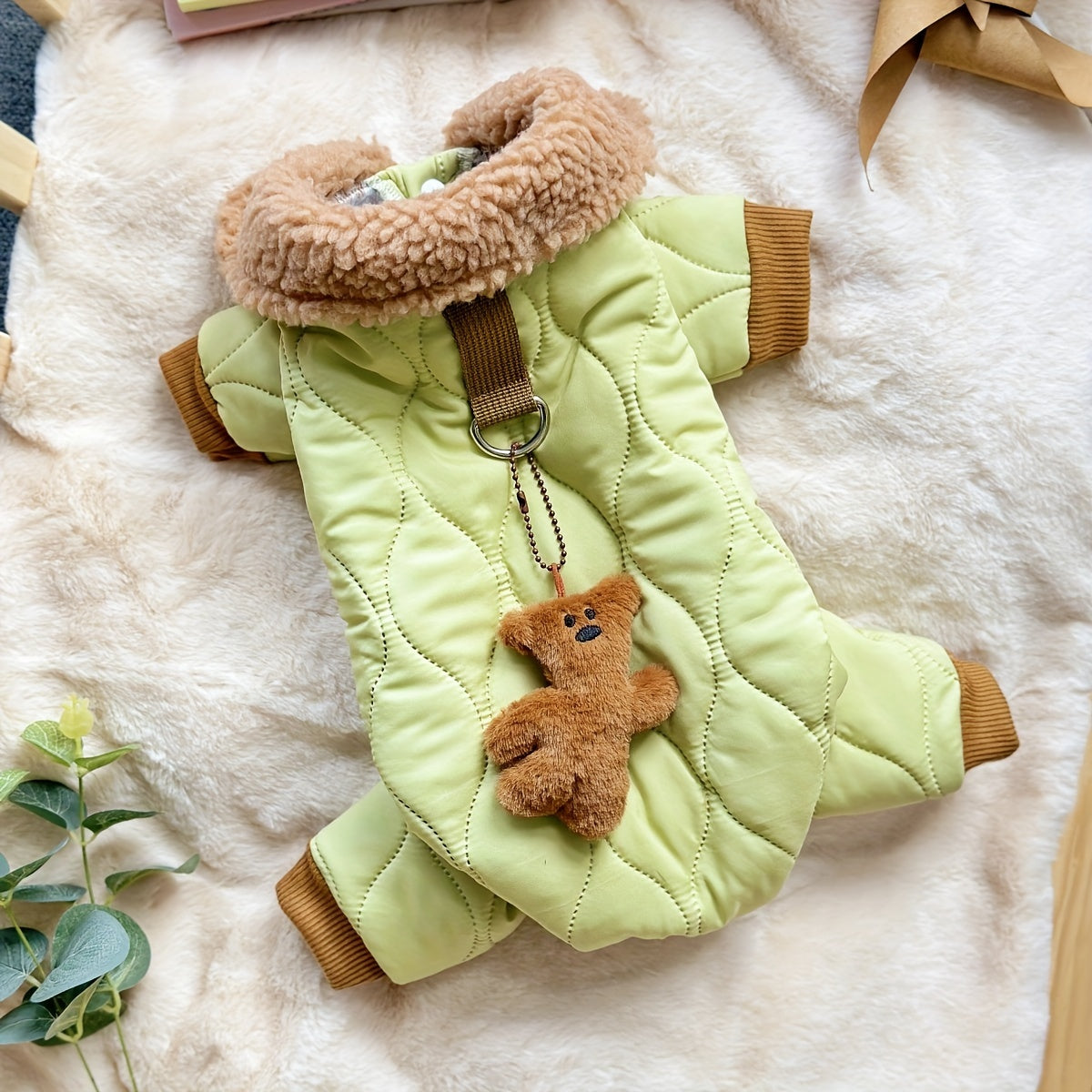 Pet Bodysuit Warm Onesie with Teddy Bear Pendant - Thickened Cat Dog Winter Jumpsuit, Snap Button Easy-On Design, Leash Loop Attached, Indoor Warm Pet Clothes for Cats & Small Dogs