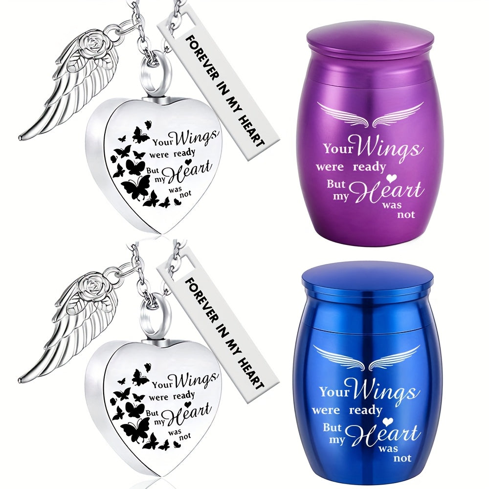 Heart Cremation Urn Necklace 2 Pack - Keepsake Jewelry for Human & Pet Ashes, Sharing Memorial Ashes Holder Pendant Set, Your Wings Were Ready But My Heart Was Not