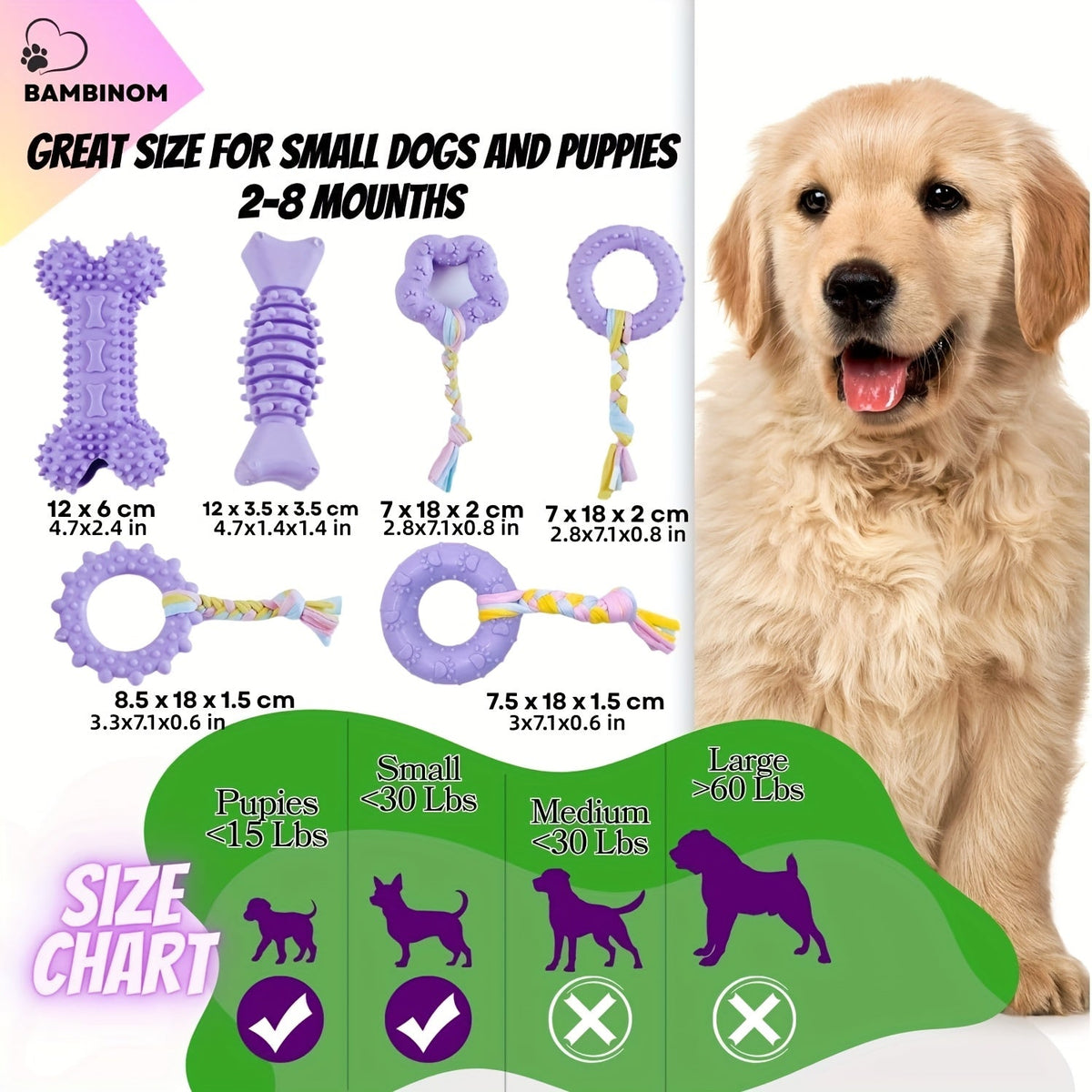 Soft Rubber Dog Chew Toys 6pcs – Teething Toys for Small Dogs, Interactive Teeth Cleaning Chew Set, 4 Colors: Purple, Green, Blue, Pink