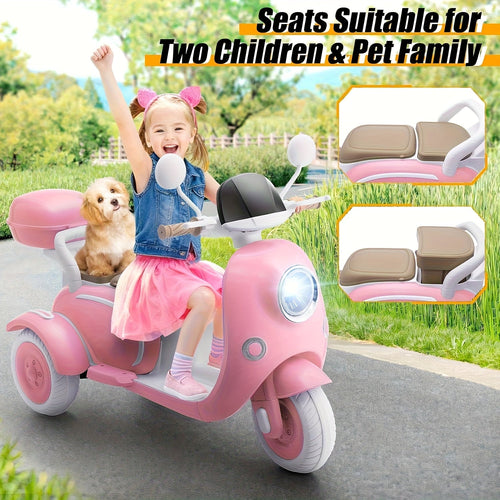 12V Kids Ride-On Motorcycle 3-Wheel Moped 2-Seater Electric Car with Dual Motor, Horn, LED Lights, Large Storage Box – Battery Powered Bike for Boys Girls Ages 3-8, Best Christmas Birthday Gift