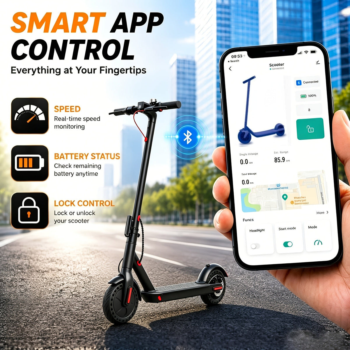 Foldable Adult Electric Scooter 350W Smart App - 21 Miles Range, 19 MPH, 7.8Ah Battery, 8.5" Solid Puncture-Resistant Tires, Bright LED Lights | Portable Commuter E-Scooter for Adults