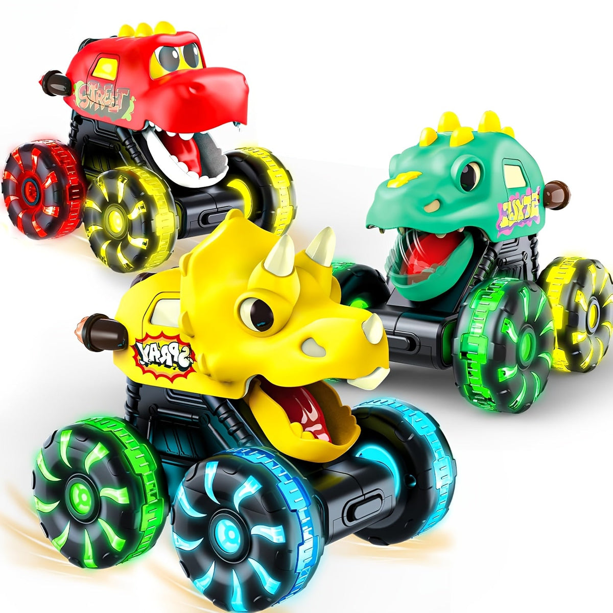 Dinosaur Monster Truck Toy Triceratops Stegosaurus with Flashing LED Wheel Lights Friction Powered Push-and-Go Vehicle Durable ABS Kids Birthday Party Gift