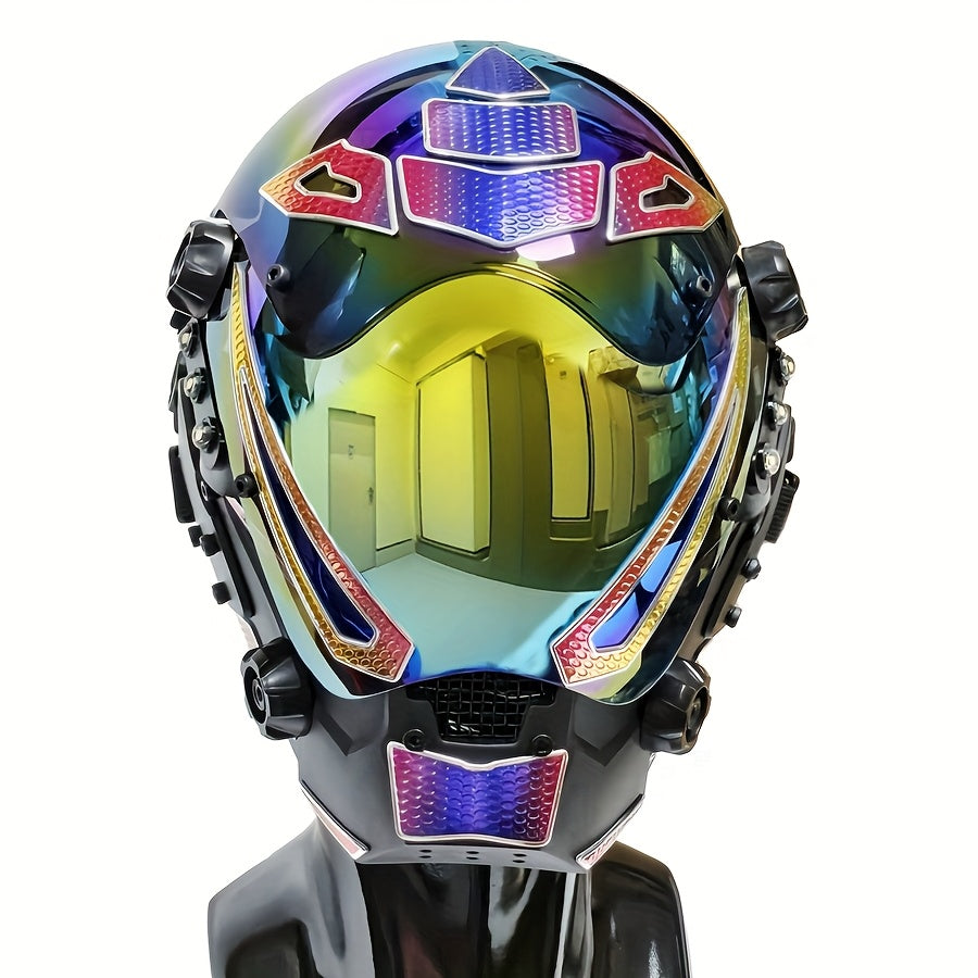 Cyberpunk Mechanical Mask Breathable AB Iridescent Color Futuristic Headwear – Halloween Costume Prop, Cosplay Mask, Bar Club Rave Carnival Party Decoration, Stage Performance & Photography Prop Accessory