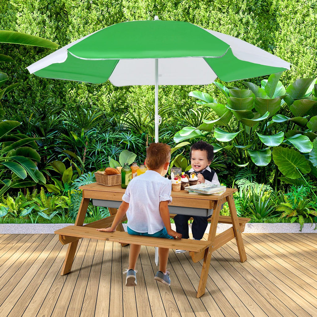 COSTWAY 3-in-1 Kids Picnic Table with Adjustable Umbrella – Wooden Sand & Water Activity Table, Removable Tabletop, 110 LB Capacity, Indoor Outdoor Playset for Garden Yard, Natural