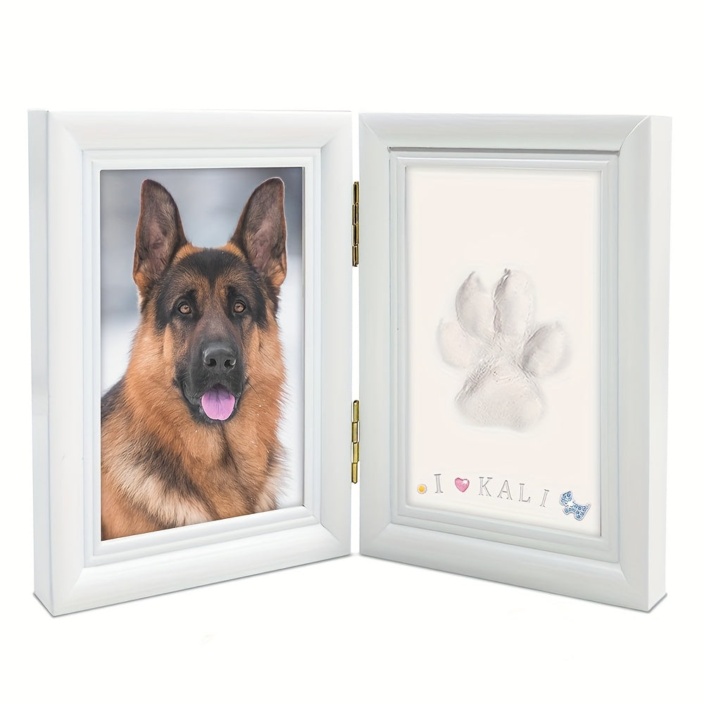 Pet Paw Print Photo Frame with Clay Impression Kit - Foldable Desktop Memorial Frame for Dogs & Cats, Personalized Pet Keepsake Gift for First Anniversary & Pet Loss Tribute (White/Black/Wood)