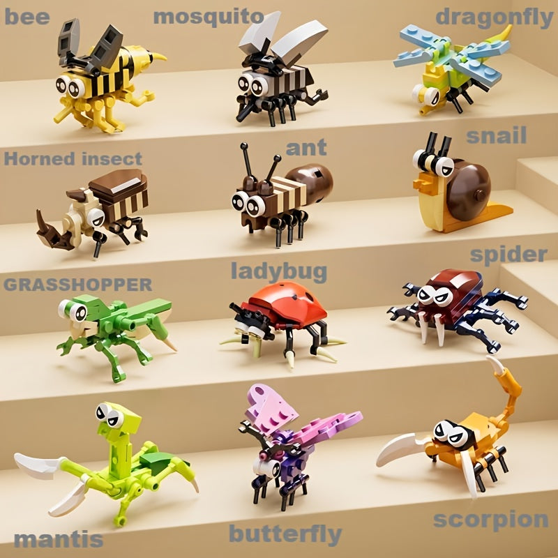 12-Type Mini Animal & Insect Building Blocks Set for Kids - Small Particle Interlocking Bricks with DIY Assembly Animal Models, STEM Construction Toy, Birthday Party Gift & Classroom Activity