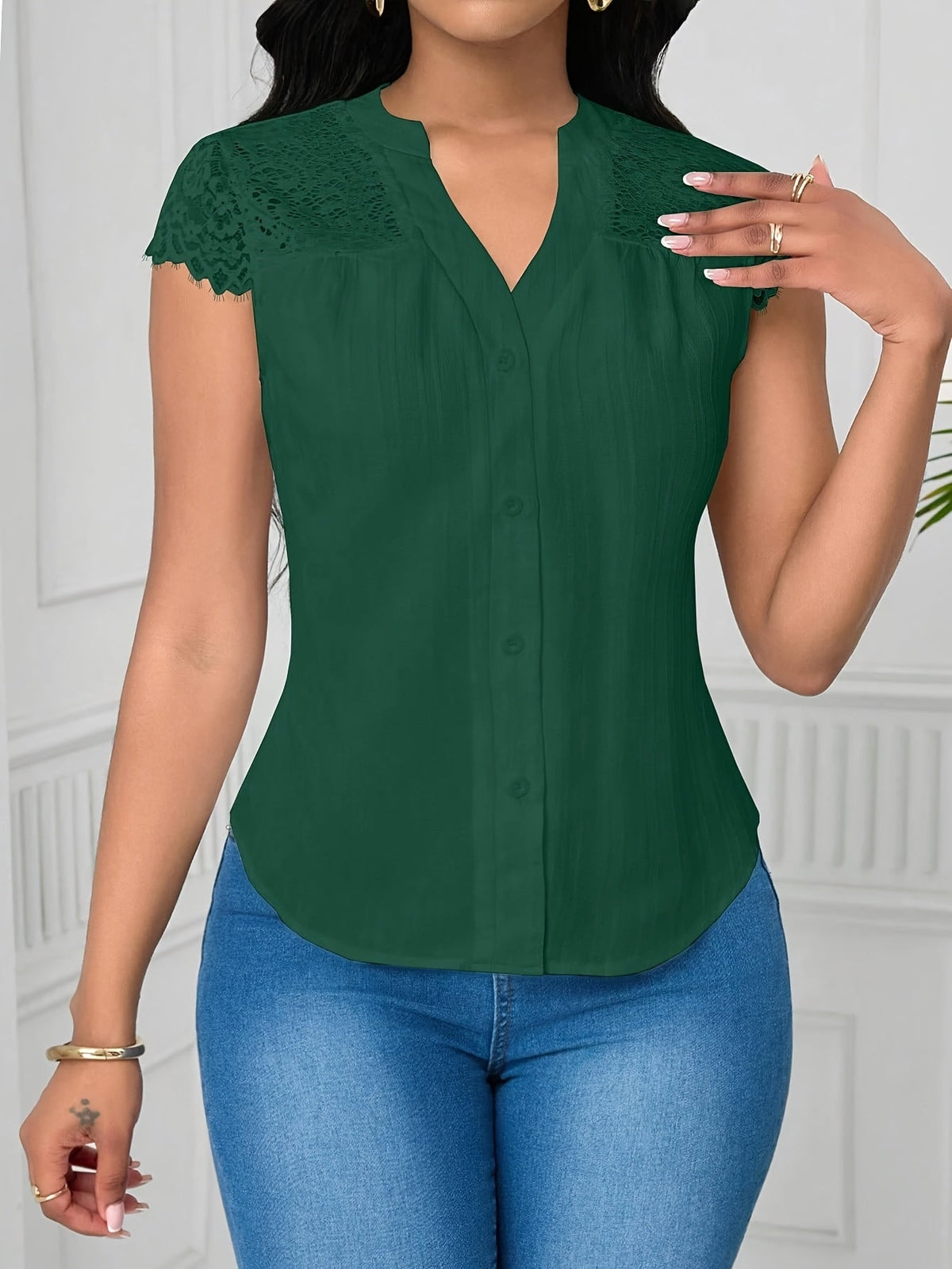 Women's Elegant Lace Patchwork Blouse – V-Neck Striped Semi-Sheer Woven Top for Summer, Casual & Weekend Wear