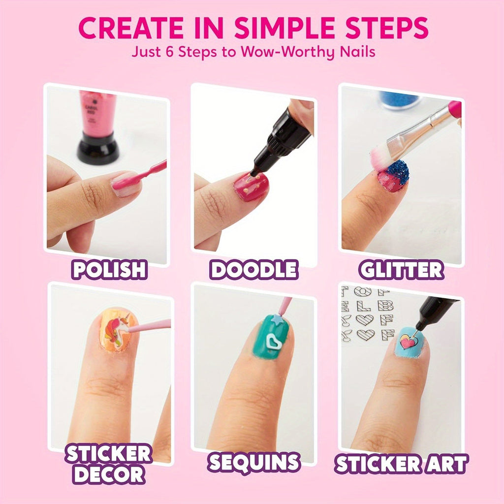 Kids Nail Art Kit for Girls Non-Toxic Nail Polish Set with Glitter Stickers Sequins 220+ Designs 6 Color Pens Children Nail Studio Birthday Christmas Gift Ages 7 and Up