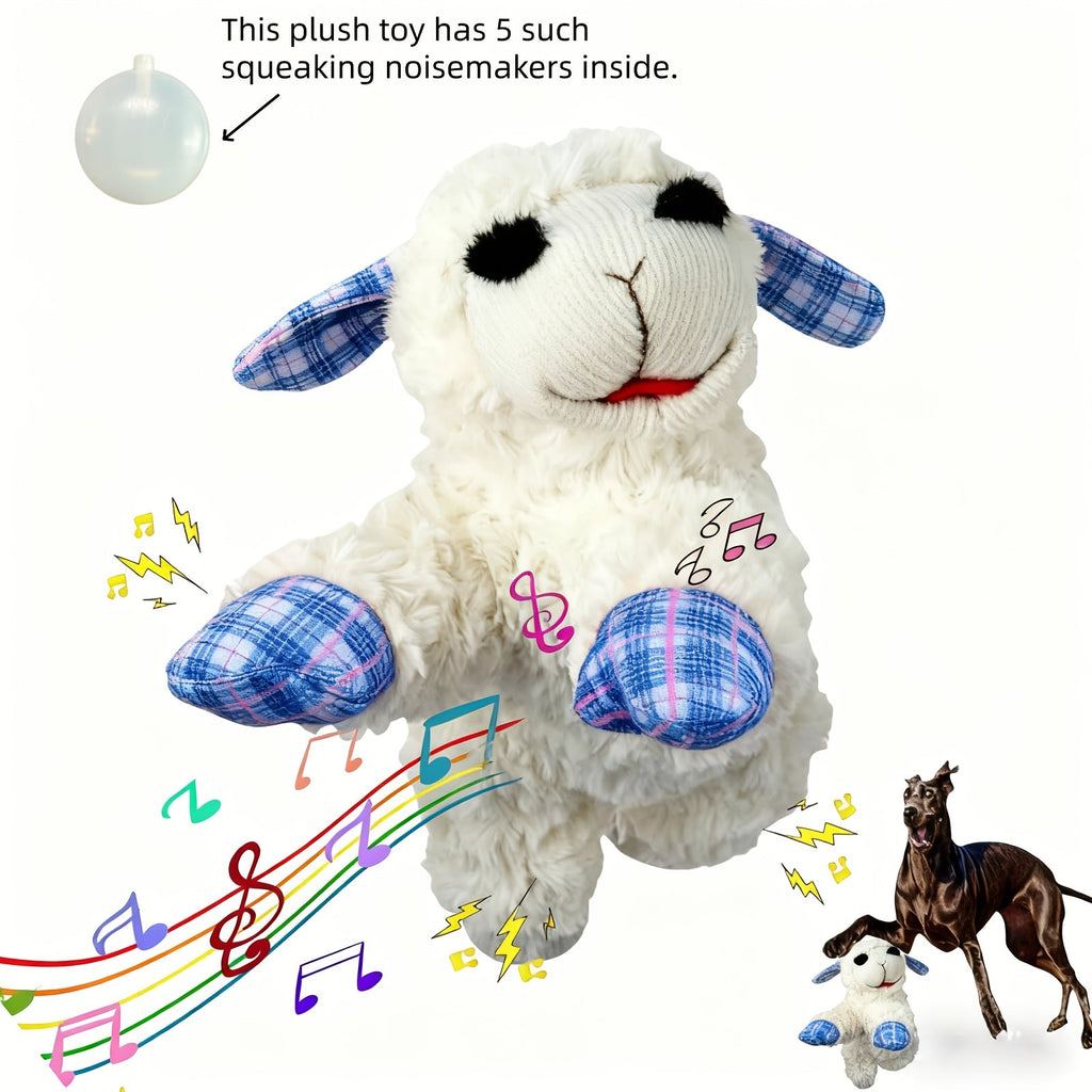 Squeaky Plush Dog Toy with 5 Built-In Squeakers – Calming Stuffed Pet Toy for Small & Medium Dogs, Blue & Red Checkered Fabric Design, Battery-Free No-Electric Anxiety Soothing Chew Toy for Gentle Breeds