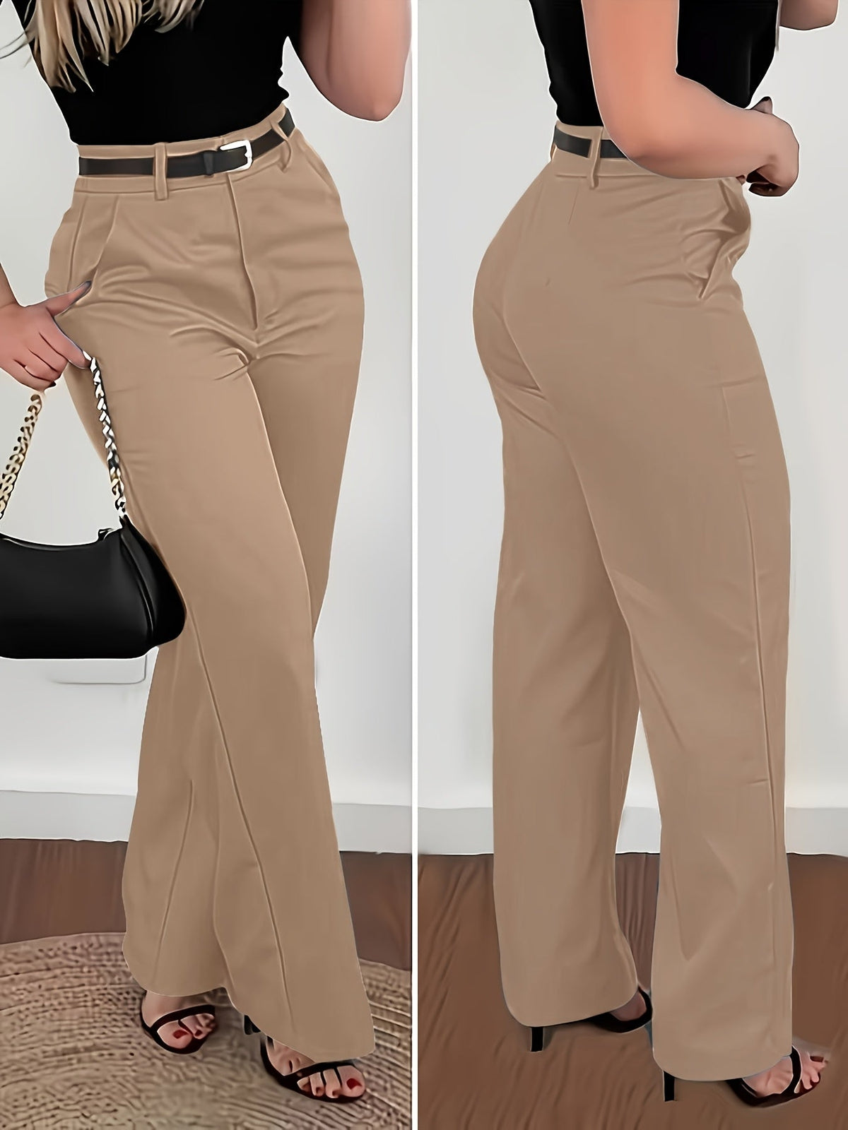 Women's Elegant Solid Color Trousers Machine Washable Office Casual Wide Leg Pants with Pockets S-XXL Dark Gray Burgundy