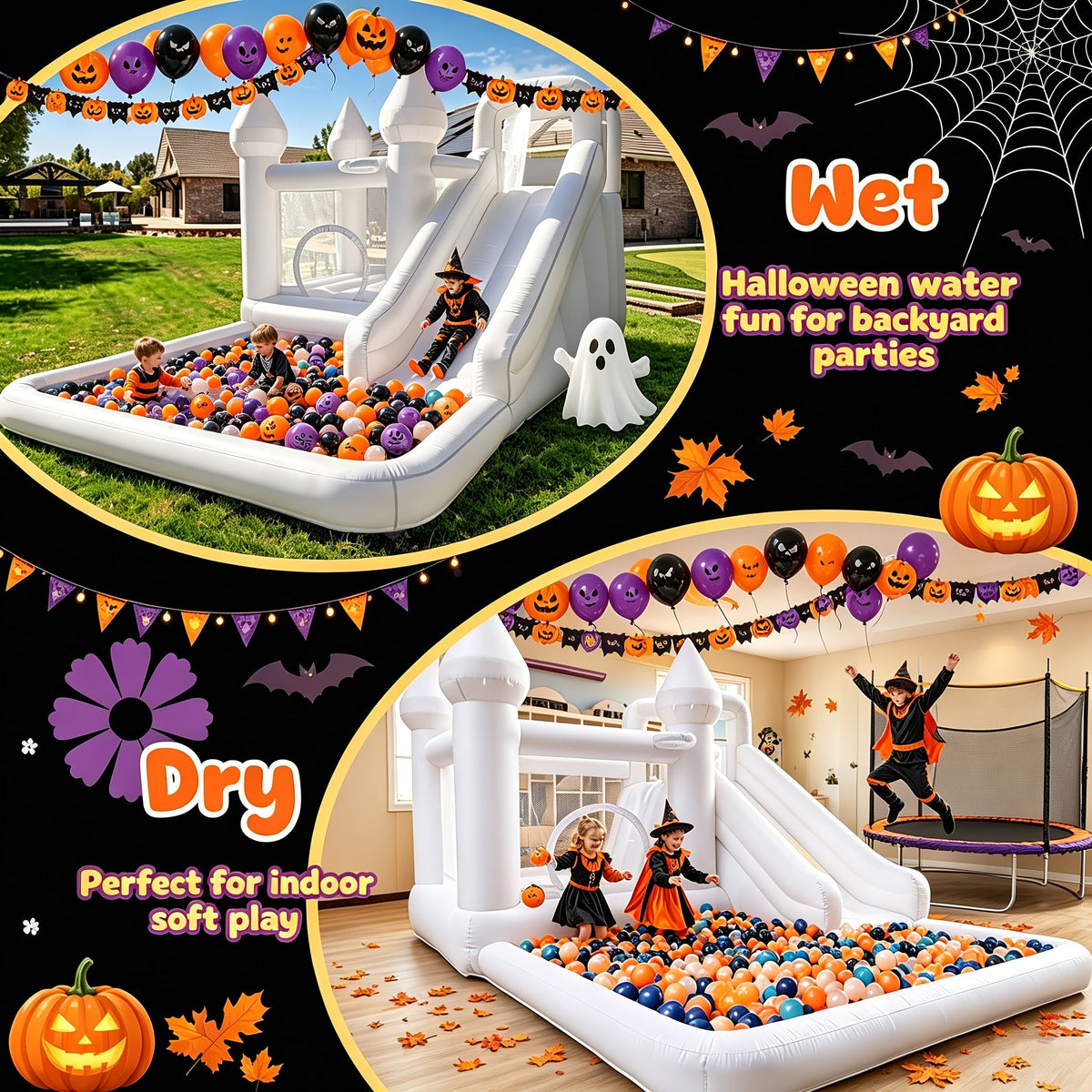 Bounce House with Blower for Kids 13x10x8 Ft – White Inflatable Bouncy Castle for Backyard, Ball Pool, Parties & Weddings, Oxford Cloth, Mesh Walls, 2-Min Setup, 200 LBS Capacity