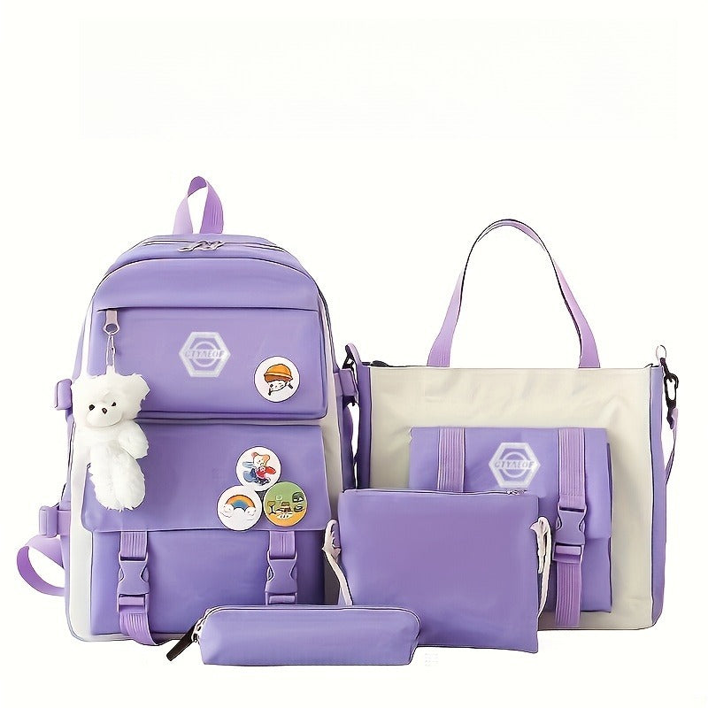 5-Piece Girls School Backpack Set Cute Lightweight Daypack with Tote Bag, Pencil Case & Coin Purse - Durable Student Backpack for School, Hiking & Casual Use