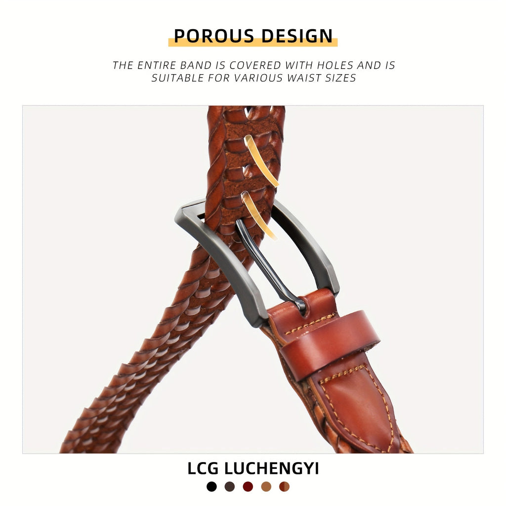 Men's Leather Braided Belt – Woven Hollow Design with Gold Zinc Alloy Buckle, Casual Dress Belt for Golf Pants Jeans Everyday Wear, Sizes 34" to 50", Great Gift for Dad