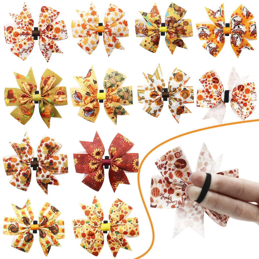 Thanksgiving Dog Collar Bows 60 Pack - Fall Maple Leaf Turkey Print Removable Pet Grooming Bow Ties for Dogs, DIY Holiday Dog Accessories for Collar Grooming Salon and Home, One Size Fits Most