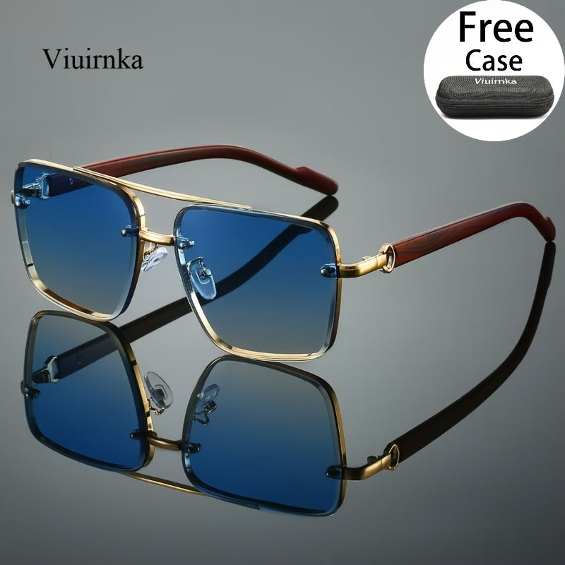 Square Retro Sunglasses for Men and Women Wood Grain Double Beam Design UV Protection Fashion Eyewear with Case for Driving Travel Beach Street Photography Holiday Gift 7 Color Options