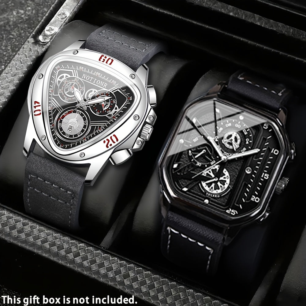 2pcs Men's Watch Set Sports Triangle Dial Silicone Strap and Retro Square Dial Quartz Watches with Date Display Dress Watch for Casual Valentine's Father's Day Gift