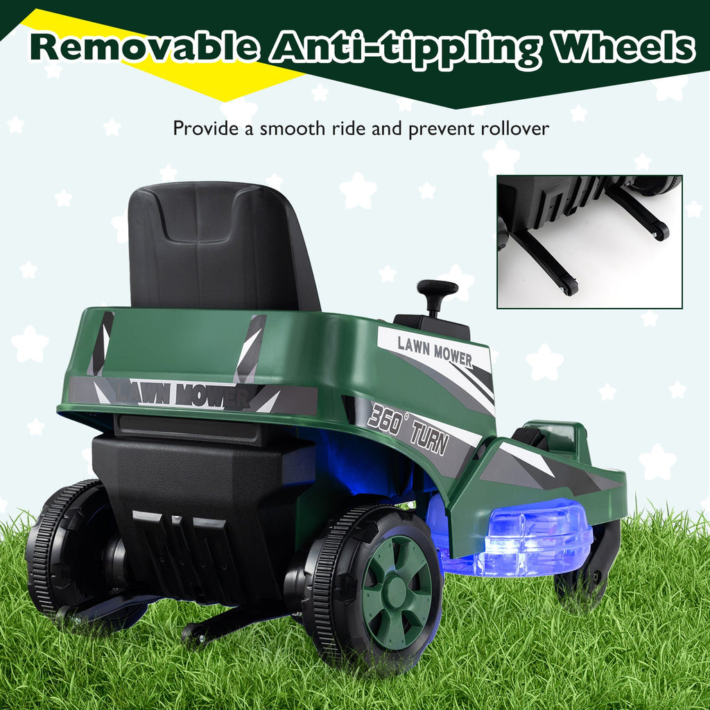 12V Kids Ride-On Lawn Mower Electric Car - Dual Control Sticks, LED Lights, 360° Twist & Turn, Spinning Blades, Anti-Tip Wheels | Outdoor Toy for Boys & Girls Ages 3+ | Max 77lbs | 1.7MPH | Green