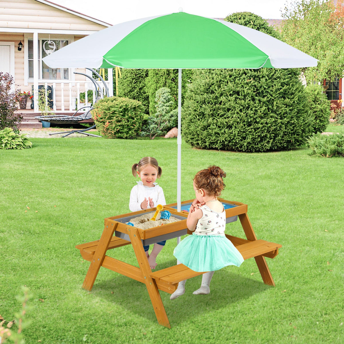 COSTWAY 3-in-1 Kids Picnic Table with Adjustable Umbrella – Wooden Sand & Water Activity Table, Removable Tabletop, 110 LB Capacity, Indoor Outdoor Playset for Garden Yard, Natural