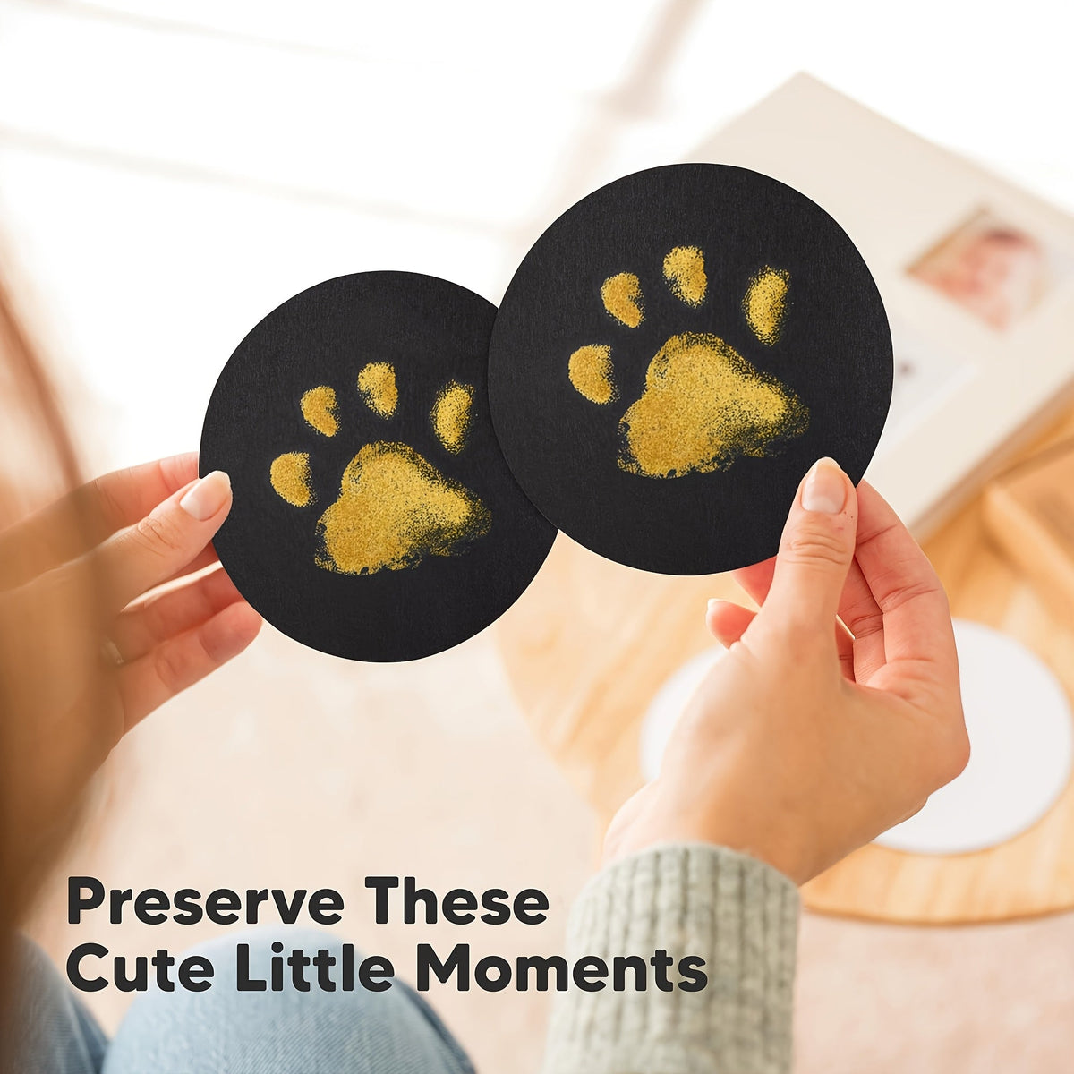 Round Pet Paw Print Kit 2 Boxes 4 Prints - Non-Contact Dog and Cat Paw Print Keepsake Set, 4.33 Inch Personalized Paw Print Souvenir, Pet Owner Keepsake Craft Kit, Gold and Black