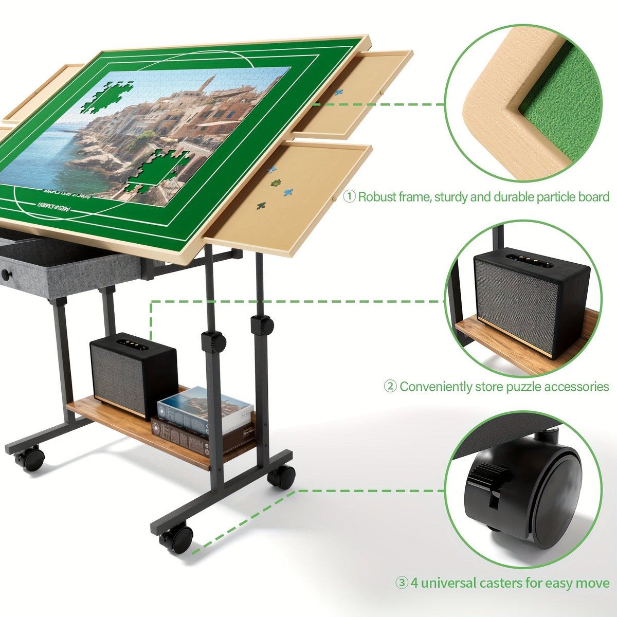 Wooden Puzzle Table with Legs, 6 Drawers & 4 Wheels - 5-Degree Tilting Board, Height Adjustable, Multi-Functional for Jigsaw Puzzles, Chess & Reading, Home Decor Gift (35x26" for 1500 pcs or 41x30" for 2000 pcs)