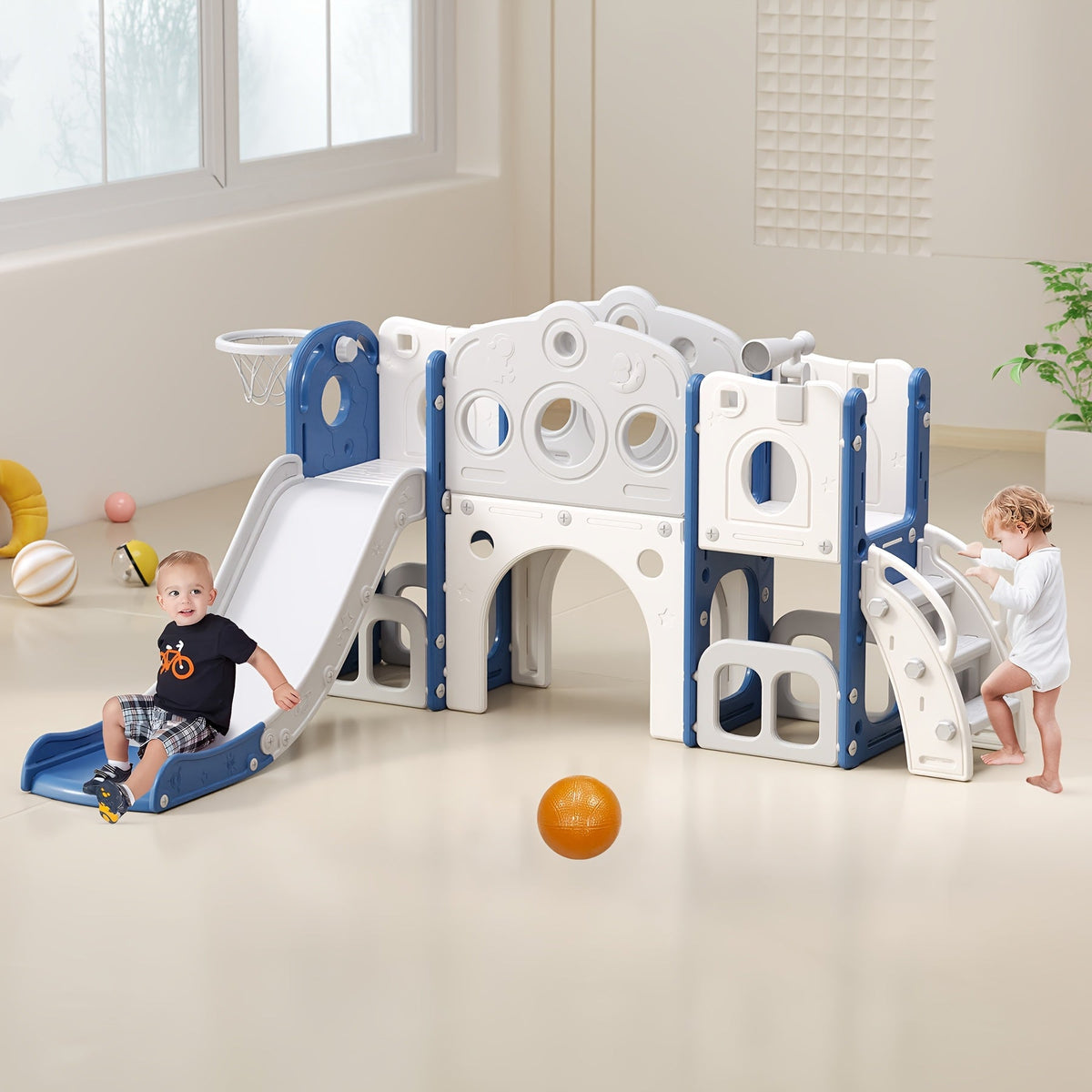 Toddler Kids Slide Outdoor Indoor Playset with Basketball Hoop and Telescope Backyard Playground Equipment for Baby Boys Girls Birthday Gift Grey White Orange Green