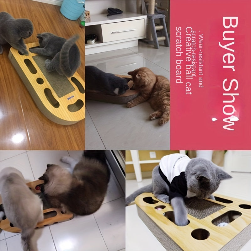 Interactive Cat Scratcher Toy with Ball Track Square Corrugated Cardboard Multi-Level Platform Scratch Pad Play Lounge for Indoor Cats Kittens Cat Scratching Board with Spinner