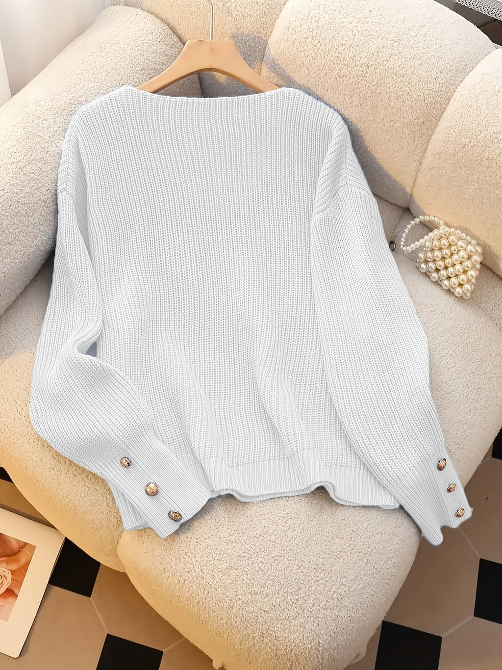Women's V-Neck Ribbed Sweater Long Sleeve Pullover with Faux Button Detail - Elegant Casual Knitwear for Fall Winter Office Daily Wear Machine Washable