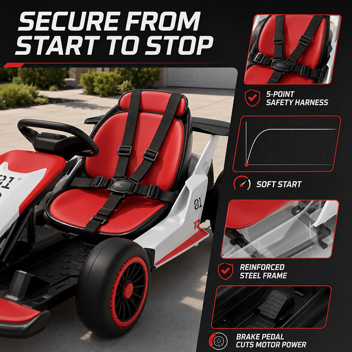24V Electric Go Kart for Kids Ages 6+ with 360° Drift – Dual 180W Motors, 2 Speeds 3.1-5 MPH, 7Ah Battery, 5-Point Harness, Wireless Music & USB, 110 LB Capacity Racing Ride-On Car Gift