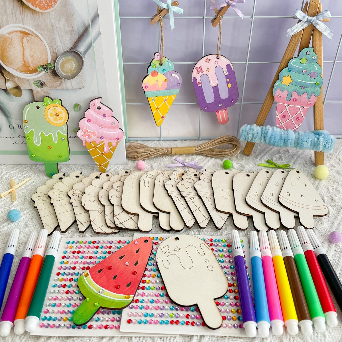 39 Pcs Ice Cream Wood Crafts Kit for Kids 24 Unfinished Wood Shapes 12 Markers 2 Gem Stickers Twine DIY Painting Art Set Birthday Party Favors School Sleepover Craft Supplies Ages 3 and Up