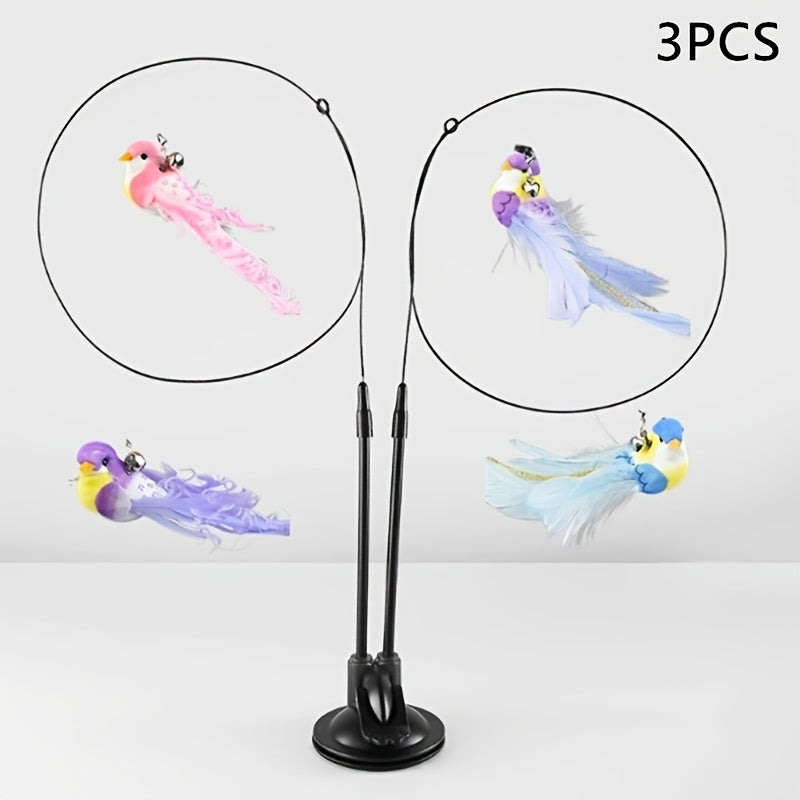 Cat Teaser Toy Set 3pc - Simulated Bird Feather Wand with Double Rod Strong Suction Cup and Bell for Interactive Training Boredom Relief - No Battery Indoor Cat Toy Nylon Feathers Random Color