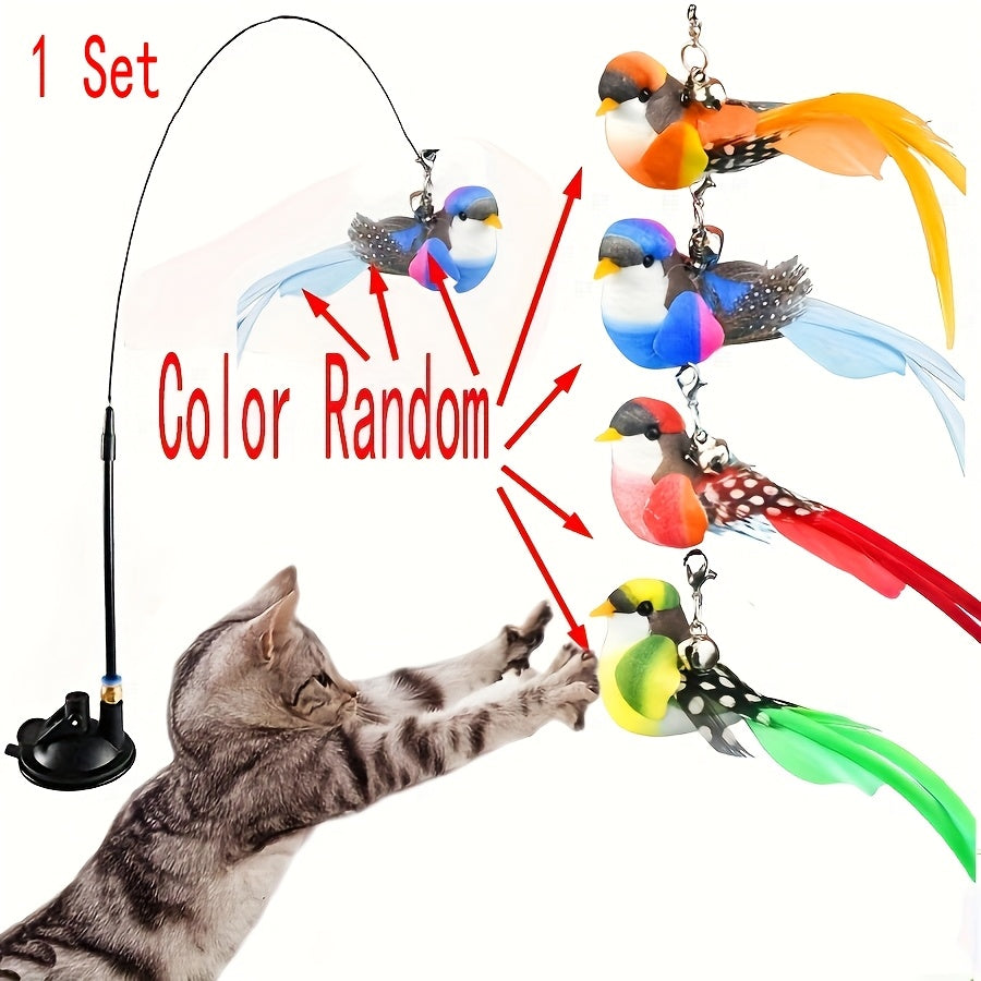 Cat Teaser Wand Toy with Simulation Bird & Suction Cup Base - Interactive Feather Bell Rod Set for Cats Kittens Hunting Exercise Solo Play No Battery Indoor Cat Toy Gift