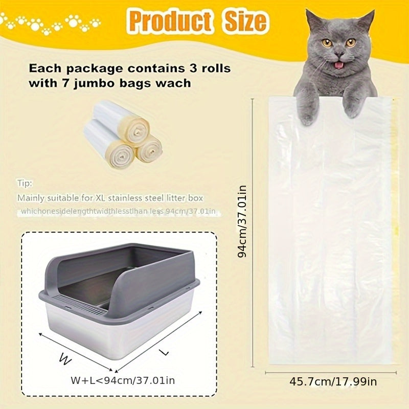 Cat Litter Box Liners 21-Pack (3 Rolls) – Extra Thick Jumbo Drawstring Litter Bags 37" x 18", Heavy-Duty Litter Box Liners for Large Automatic & Sifting Litter Boxes, Leak-Proof Cat Litter Garbage Bags