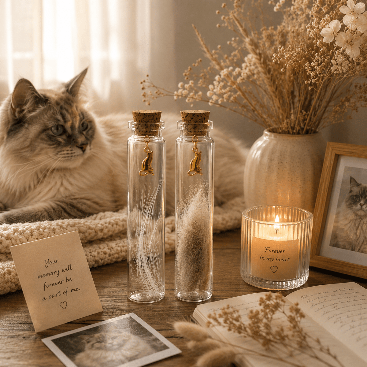 Pet Hair Keepsake Jar Set 2pcs – Glass Memory Bottles with Golden Cat Charm for Pet Fur, Whiskers & Handwritten Notes, Cat & Dog Memorial Gift for Pet Lovers