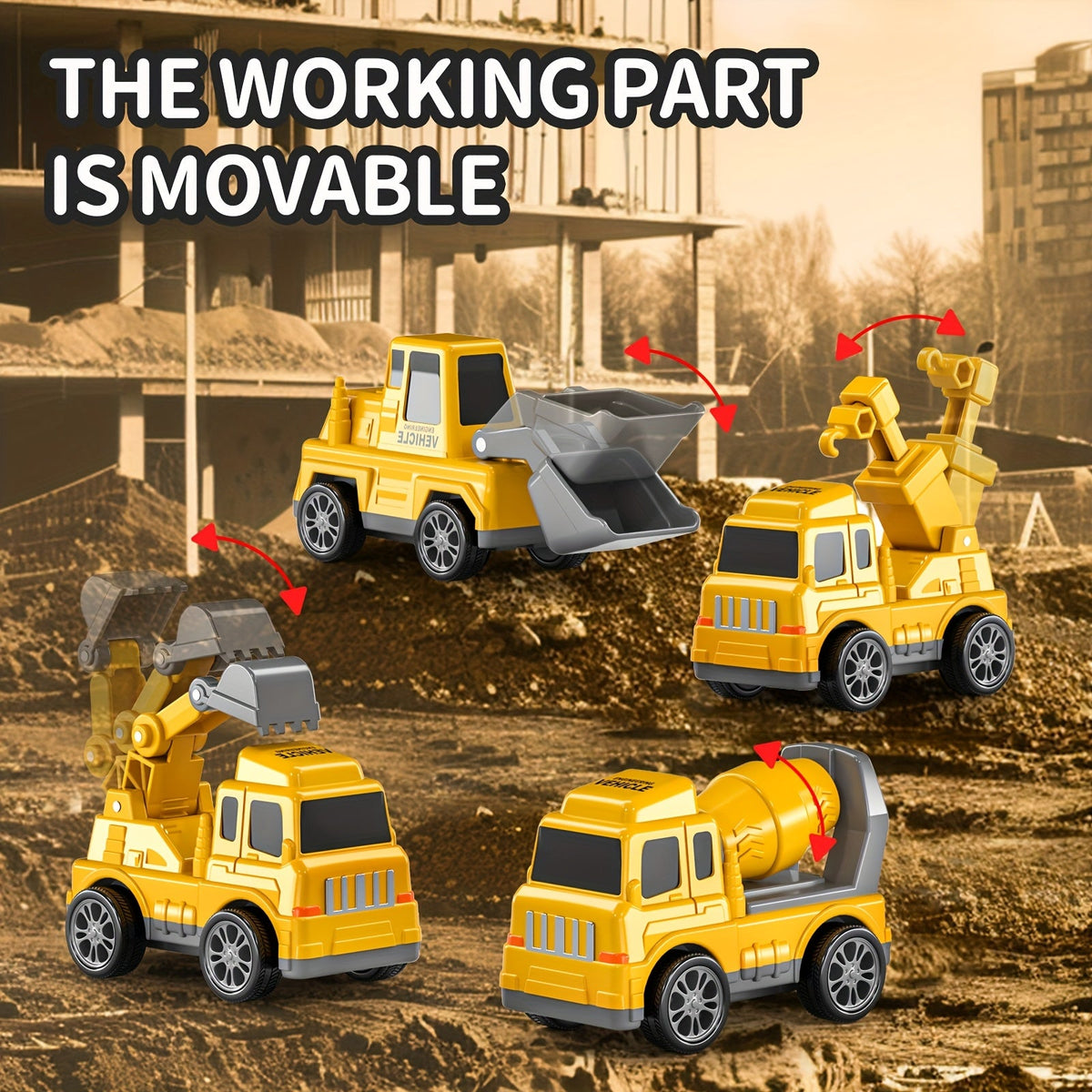 5-in-1 Engineering Vehicle Toy Set for Kids Ages 2+ - Friction Power Construction Trucks Playset with Transport Vehicle, Toddler Boys Gift for Birthday Christmas, Random Accessory Colors