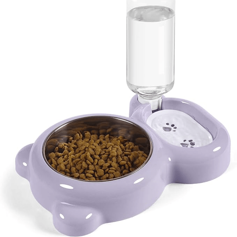 Pet Double Bowl Set with Automatic Water Dispenser Bottle – Food and Water Bowls for Small Dogs and Cats, Dishwasher Safe, Durable BPA-Free, Pink Grey Purple, Indoor Pet Feeding Station