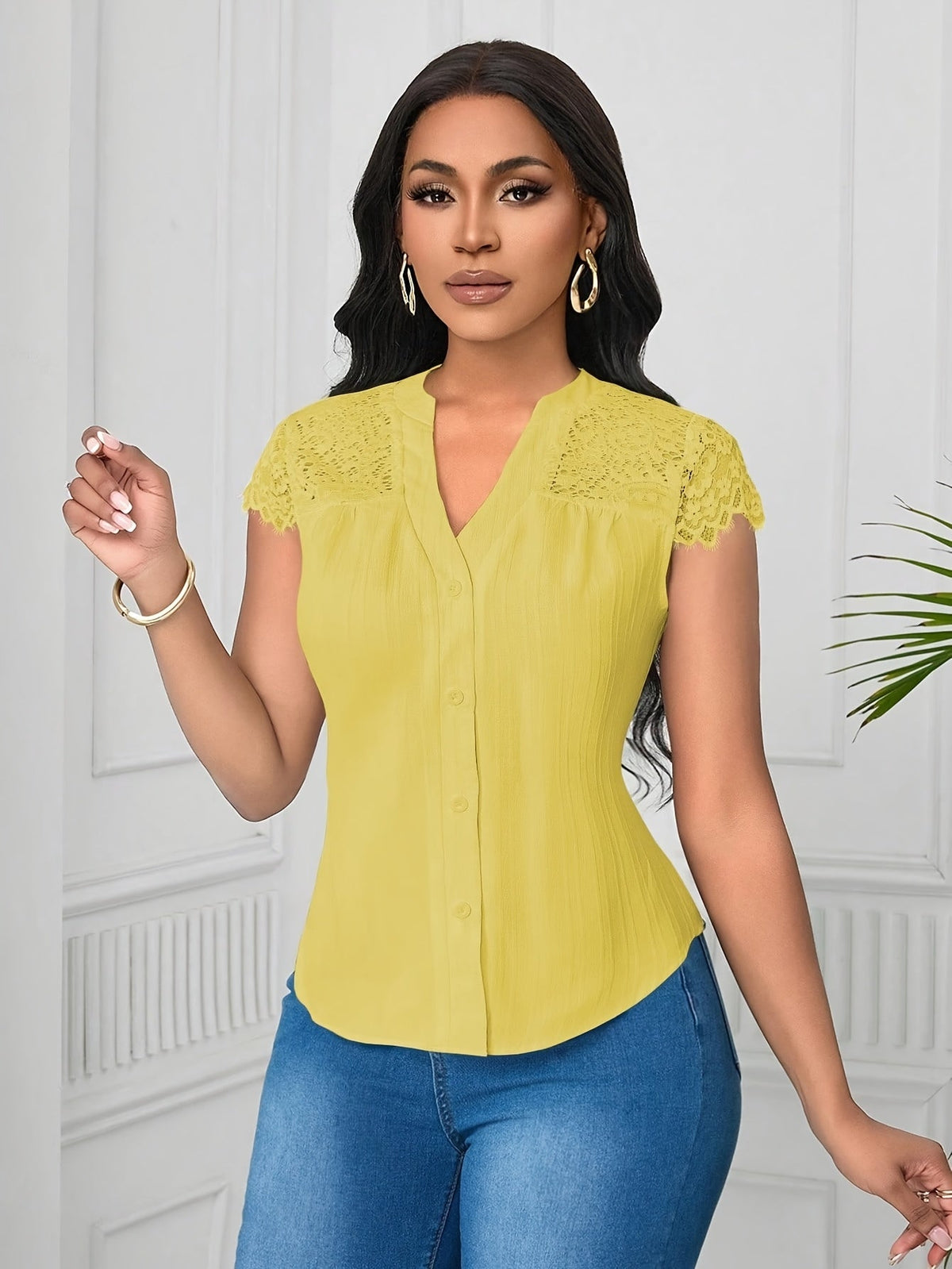 Women's Elegant Lace Patchwork Blouse – V-Neck Striped Semi-Sheer Woven Top for Summer, Casual & Weekend Wear
