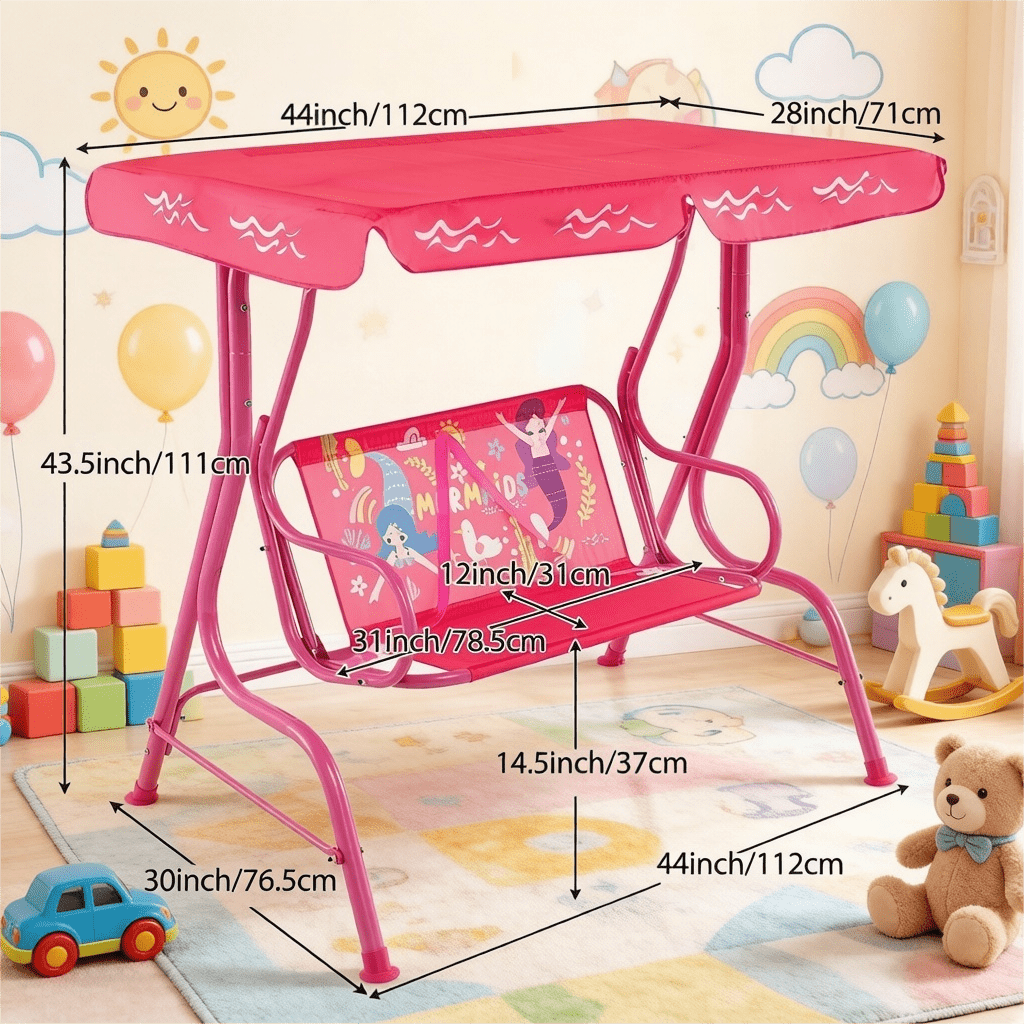 2-Seater Kids Outdoor Patio Swing Chair with Adjustable Sun Canopy Safety Belts Metal Stand Porch Swing Bench for Backyard Garden Balcony Ages 3+ 180 lbs Capacity