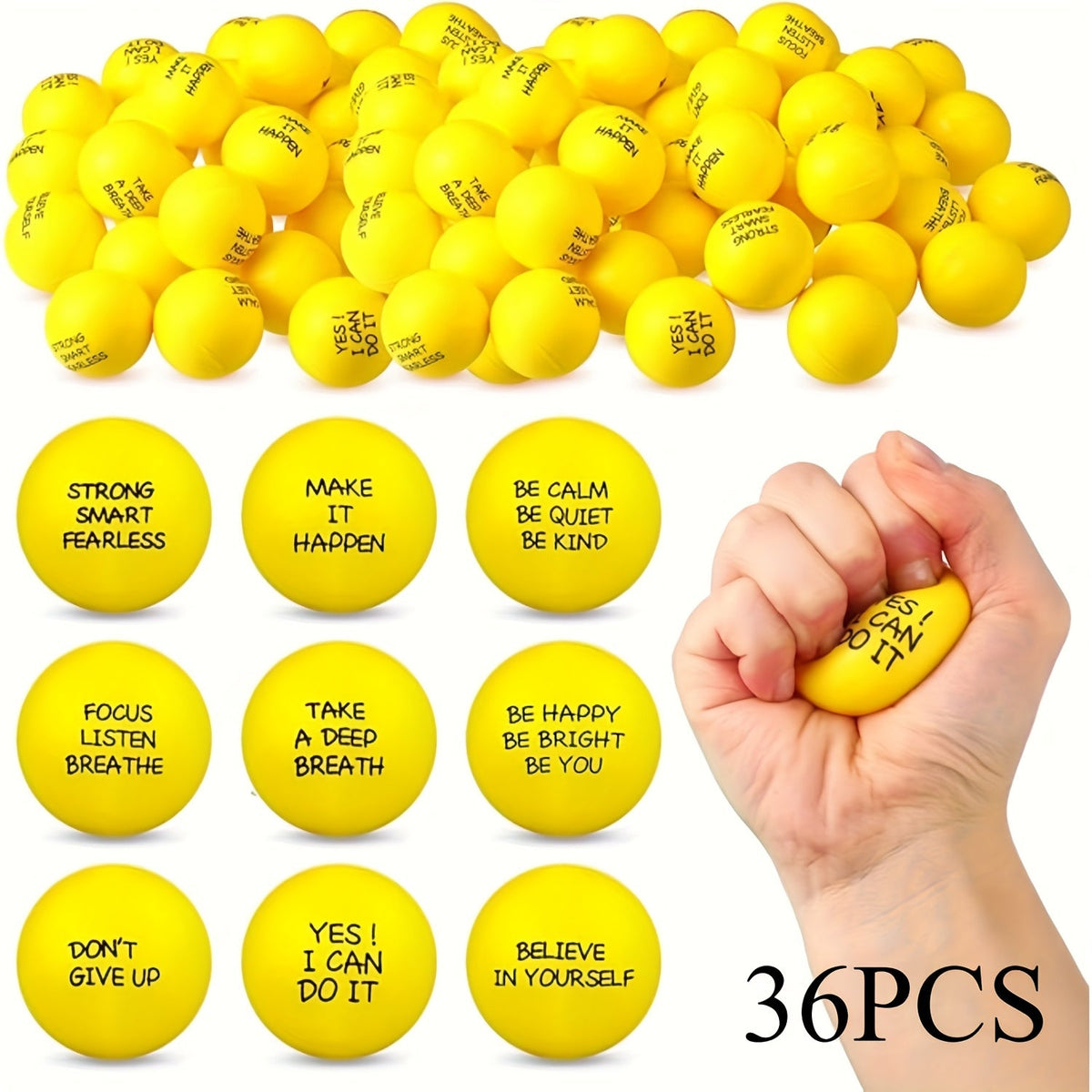 18 or 36 Pcs Mini Motivational Quote Squeeze Balls 1.6 Inch Stress Relief Squeezable Toys for Kids Classroom Incentive Prizes Party Favors Easter Spring Back to School Office Team Gifts Pink Red Blue Green Yellow