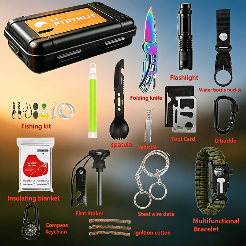 Men's Survival Kit 12 to 115 Piece Emergency Gear Set with Flint Fire Starter Multi-Tool for Camping Hiking Hunting Fishing Outdoor Adventure Gift for Dad Husband