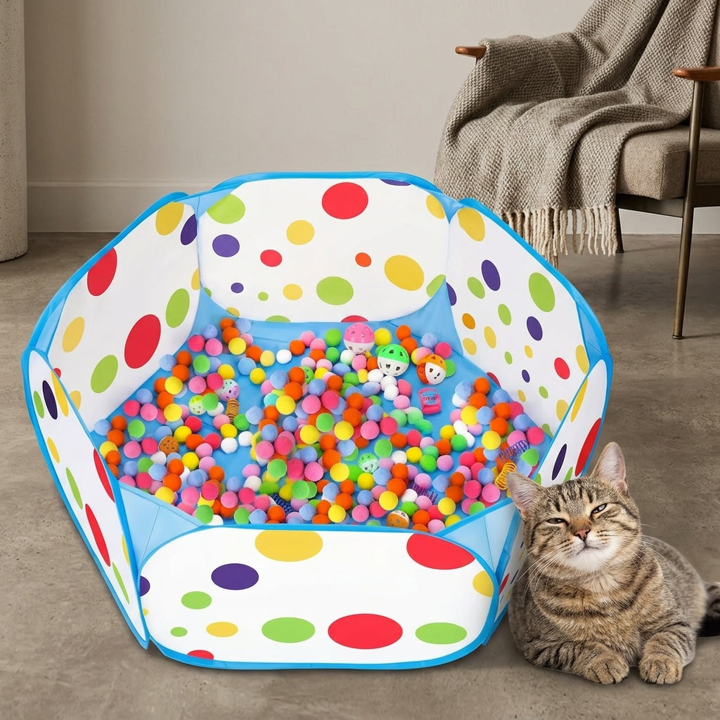 Interactive Cat Toy Set with 110 Balls - 100 Toy Balls & 10 Bell Balls with Cat Fence, Indoor Cat Entertainment & Exercise Kit, Random Color Ball Assortment (Fence Set)